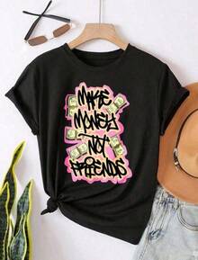 cuello redondo para uso casual.Algodón suave, ropa casual para el día a día, tela ligera y transpirable, linda, perfecta para vacaciones, blusas "Money Mujer", camisetas "Playeras De Woman". - Rojo y negro - Ver 1