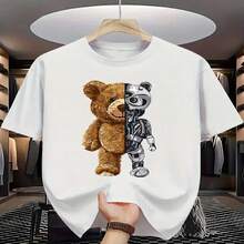 Playera Hombre Corte Regular Estampado Oso Cyborg,Suave Algodón Mezclado,Uso Cotidiano Ocio Variado y Sencillo Look Diario - Blanco - Ver 2
