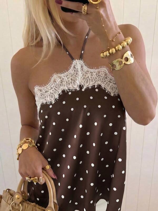 Frenchy Eyelash Lace Trim Brown Polka Dot Satin Spaghetti Strap Cami Top, Women's Summer Sleeveless Vacation Style Blouse | Date Night & Casual Evening Wear
