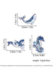 3pcs Glitter Ocean Whale Seahorse Enamel Pin Set, Starry Sea Animal Brooch, Unique Jewelry Gift Idea, Perfect For Collectors & Fans - Blue - View 3