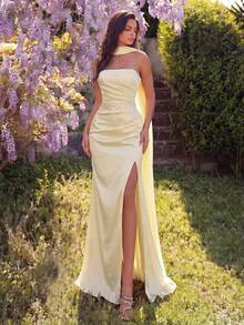 Faeriesty Strapless Ruched Waist Women's Evening Dress - Elegant Dress With Charming Ruched Bust Design, Suitable For Parties And Banquets Party Wedding - Light Yellow - View 4