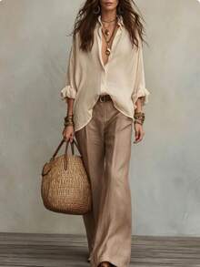 2026 Soft Lightweight White Imitation Linen Blouse Sand Brown Wide Leg Pants Two Piece Casual Set Hustle&Haze - Apricot - View 8