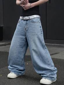 1 pièce Jean bleu large et ample vintage pour homme, toutes saisons, pantalon en denim rétro des années 90 pour le streetwear extérieur - Bleu azur - Voir 5