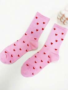 1 Pair Women's Artist Fashion Versatile Pink Heart Pattern Mid-Calf Socks - Pink - View 1