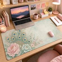 Macaron Peacock Garden Large Desk Mat, Elegant Floral Feather Mouse Pad For Women, Mint Pink Keyboard Pad, Non-Slip Extended Office Gaming Mouse Pad, Exquisite Vanity Study Desk Decor Gift, Suitable For Laptop PC Set - View 3