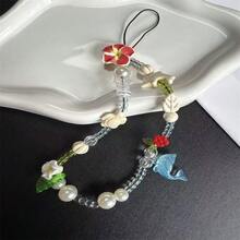 島嶼度假風素馨花串珠手機吊繩，附木製海豚、小海龜與透明藍色海豚吊飾，飾以綠葉、花卉與奶油白圓珠，手工製作，清新熱帶氛圍，適用於手機殼、CCD相機、鑰匙圈，田園小眾Ins風，旅行配件與禮物吊飾 - 紅白色 - 查看 4