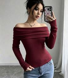 Women's Elegant Off Shoulder Ruffle Long Sleeve Solid Color Blouse - Burgundy - View 1