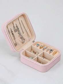 1pc Travel Jewelry Organizer Box, Women's Gift, Mini Jewelry Storage Box With Mirror For Necklaces And Earrings, Pink Travel Essential, Women's Day Gift, Suitable For Vacation, Beach, Bathroom, Bedroom, Large Capacity - Multicolor - View 4