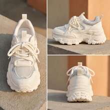 35-40 Size Rhinestone Decorated Mesh Thick Sole Solid Color Sports Lace-Up Commuter Chunky Sneakers Outdoor All Season Rhinestone Height Increasing - White - View 5