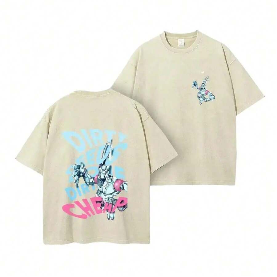 Vintage Washed T-Shirt, Thick Cotton With Double Graphic Illustrative Print, Unisex Cut, Variety Of Sizes, Casual Garment, Urban Fashion, Manga Style - 杏色 - 查看 1