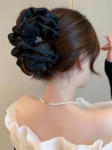 1pc Black Satin Glitter Rhinestone Flower Hair Clip, Large Ruffled Fabric Hair Claw, Elegant Updo Hair Accessory, Suitable For Women With Thick Hair, Beach Vacation Hair Clip - Black - View 3