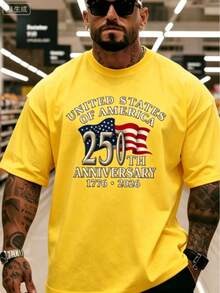 Men's 250th Anniversary Commemorative Graphic Short Sleeve T-Shirt, Soft Breathable Fabric Loose Fit Casual Tee, 180g Fashion Tops -4th Of July - 黃色1 - 查看 1