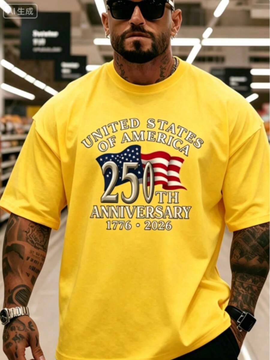 Men's 250th Anniversary Commemorative Graphic Short Sleeve T-Shirt, Soft Breathable Fabric Loose Fit Casual Tee, 180g Fashion Tops -4th Of July - 黃色1 - 查看 1