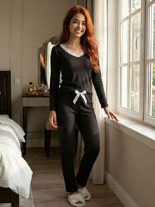 Women's Ribbed Winter Pajamas, Warm And Cool, Long Sleeves, Long Pants, Emilia - màu đen - Xem 2