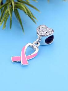 1pc 925 Sterling Silver Pink Enamel Awareness Ribbon Pendant, Fully Paved With Transparent Cubic Zirconia Heart-Shaped Top Spacer Bead, Suitable For European Style Bracelets - Silver - View 3