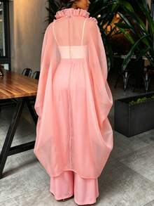 AOMEI Elegant Women's Soft Pink Loose Tulle Sheer Kimono Dress With Ruffle Front Opening And Drawstring Design, Wedding Guest Party Dress - Baby Pink - View 5