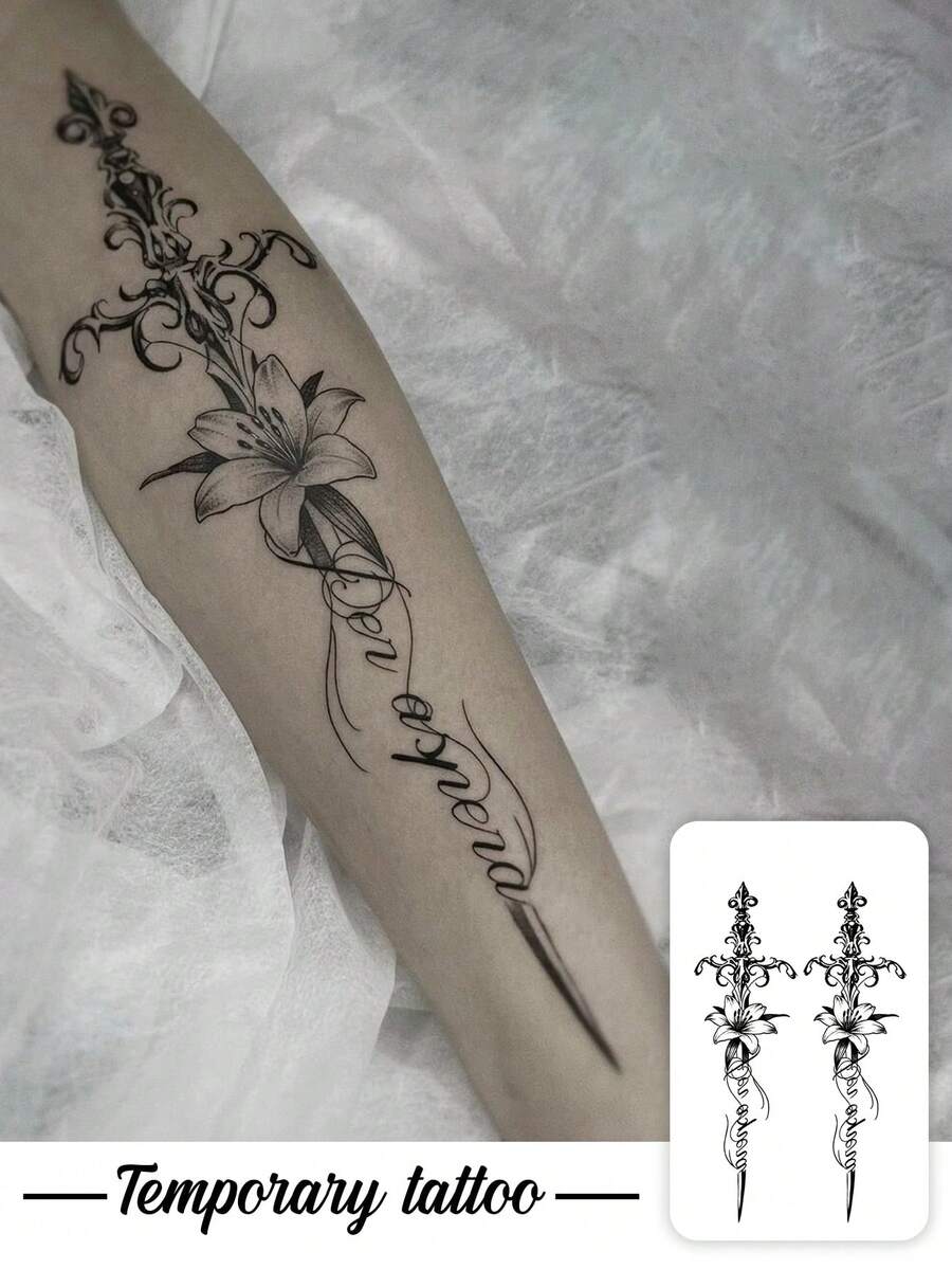 1pc Retro European-Style Floral Embossed Intertwined Lily Flower Pair Pattern Temporary Tattoo Sticker, With Realistic Tattoo Design, Suitable For Travel, Music Festivals, Games, Graduation Gifts, And For 3-5 Days. - Black - View 1