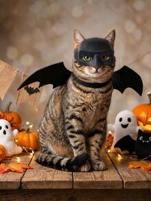 1 Set Halloween Cat Bat Wings Mask Set, Party Cosplay Costume, Photo Prop, Halloween Pet Decoration, Halloween Party Gift, Happy Halloween Decoration, Halloween Trick Or Treat Decoration, Halloween Home Decor, Halloween Fun Costume Prop, Suitable For Halloween Party And Holiday Cosplay, Cat Lover Halloween Gift - Black - View 7