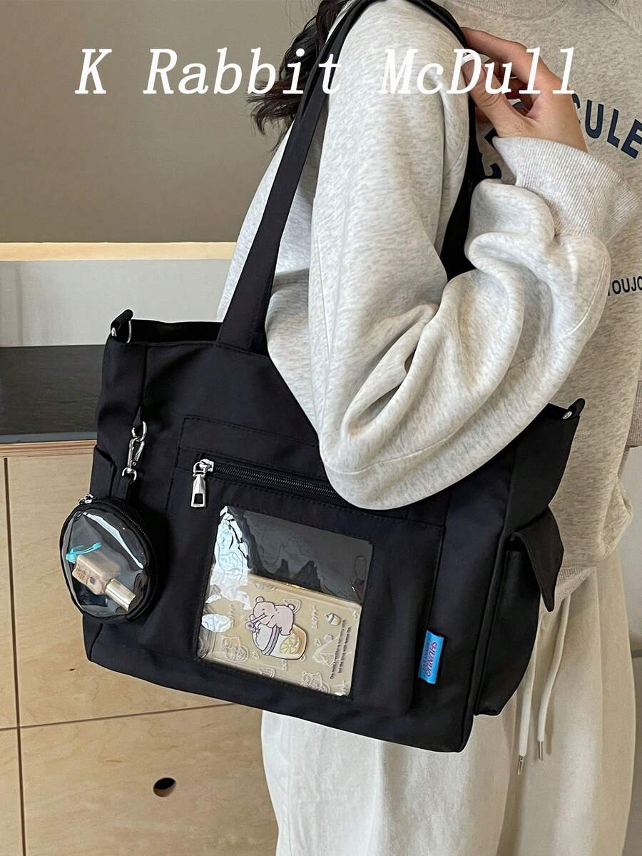 Bolso Tote de Gran Capacidad con Diseño de Bolsillo Transparente y Cartera, Nueva Mochila de Estilo Coreano con Múltiples Bolsillos, Bolso Bandolera Casual Multifuncional, Bolso Tote de Lona Mediano, Bolso Tote con Bolsillo de PVC Transparente, Bolso de Playa