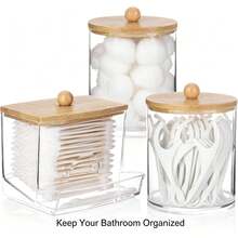 Tbestmax 10 Oz Cotton Swab/Ball/Pad Holder With Vanity Tray, Qtip Apothecary Jar, Bathroom Containers Dispenser Storage 3 Pack Wood Lids - 三件套(竹蓋) - 查看 1