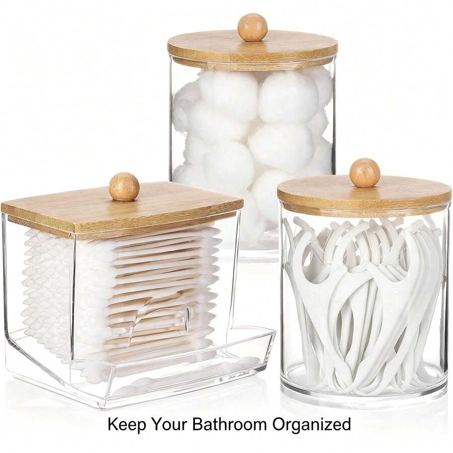 Tbestmax 10 Oz Cotton Swab/Ball/Pad Holder With Vanity Tray, Qtip Apothecary Jar, Bathroom Containers Dispenser Storage 3 Pack Wood Lids - 三件套(竹蓋) - 查看 1
