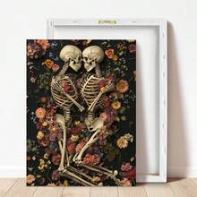 1pc, Canvas Wall Art, Framed Wall Decor, Gothic Romantic Floral Skull Couple Canvas Painting, Dark Academia Style Poster, Vintage Dried Flower Skull Oil Painting, Suitable For Modern Home Decor, Room Decor, Dorm Decor, Bedroom Decor, Living Room Decor, Bathroom Decor, Kitchen Decor, Dining Room Decor, Office Decor, School Decor - A - View 4