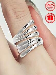 1pc Twisted Star 925 Sterling Silver Asymmetrical Design Open Ring, Daily Wear Valentine's Day Gift, Comes With Gift Box - Silver - View 3