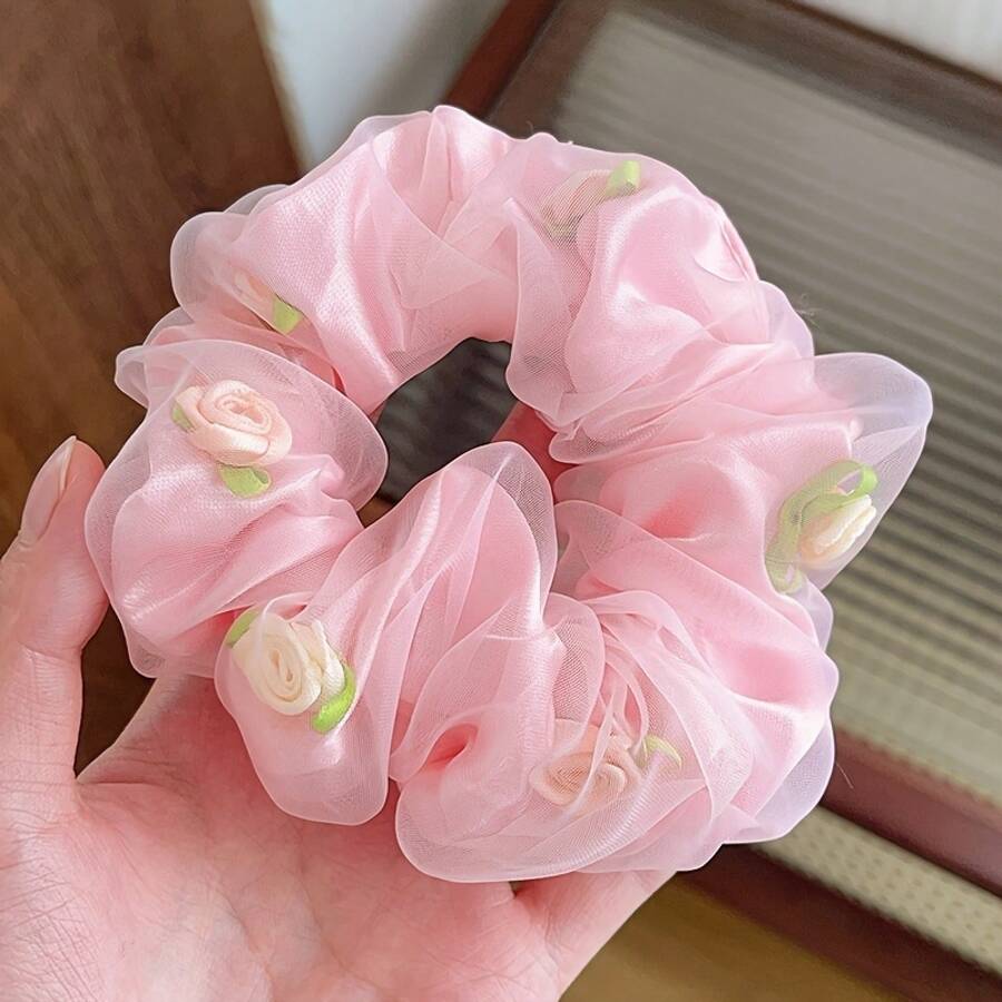 Nueva Codería para Coleta Grande de Malla con Flores, Estilo de Desplazamiento para las Cuatro Estaciones, Diadema Dulce y de Gama Alta, Blanco, Morado, Azul, Rosa - Rosa - Ver 1