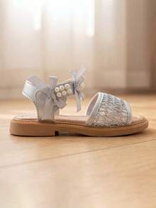 女童仙女公主涼鞋 [蕾絲網布珍珠蝴蝶結平底] 銀色休閒正式度假穿搭 - 銀色 - 查看 5
