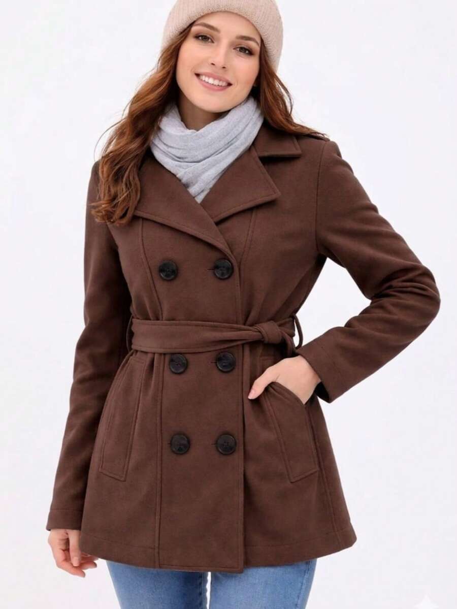 Women's Wool Blazer Coat With Belt - Rust Brown - View 1