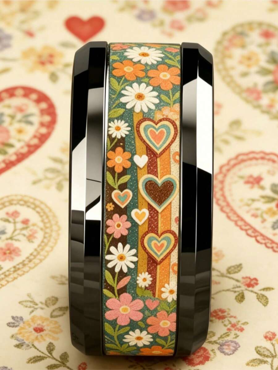 8mm Black & Silver Carbide Tungsten Ring, Vintage Daisy & Layered Heart Pattern, Pastoral Bohemian Style Personalized Band, Comfortable Wear Unisex Jewelry, Perfect Gift For Romantics And Nature Lovers - Multicolor - View 1