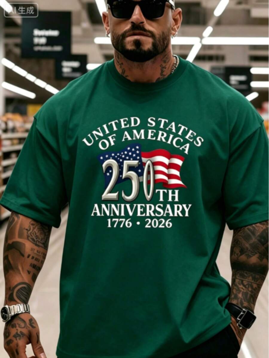 Men's 250th Anniversary Commemorative Graphic Short Sleeve T-Shirt, Soft Breathable Fabric Loose Fit Casual Tee, 180g Fashion Tops -4th Of July - 綠色1 - 查看 1