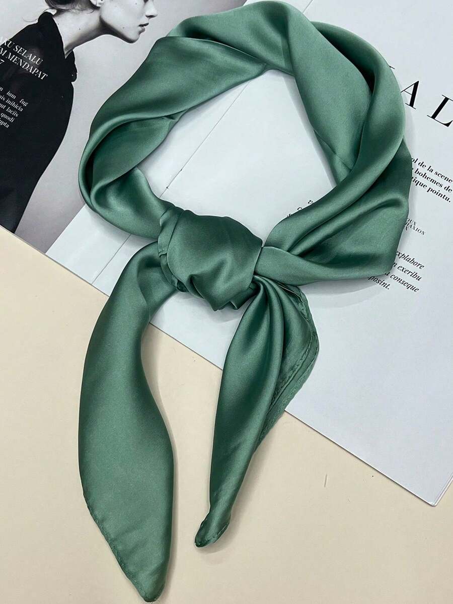 1pc Solid Color Women's Square Scarf, Fashionable Plain Silk Scarf, Versatile Headband, Waist Belt, Bag Strap, Multi-Functional Scarf - Bean Green - View 1