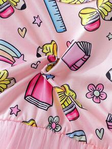 1pc Young Girl Casual Back To School Pencil Bow Ruler Print Dress, Soft Comfortable Knit Fabric, Suitable For Outdoor Wear, Spring/Summer - Pink - View 6
