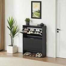 Shoe Cabinet 80 X 24 Cm With Grooved Front – Height Adjustable With Anti-Tip Device And Decorative Table For The Entryway, In White - Black - View 7