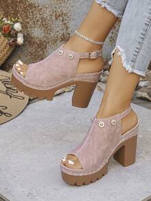 Women's Summer New High Heel Sandals, Plus Size, Rhinestone Flower Decor, Chunky Heel, Backless, Contrast Stitching, Rhinestone Flower & Rivet Embellishments, Adjustable Metal Buckle Back Strap, Vintage American Style, Pink Suede, Thick Platform, Height-Increasing, Slimming, Open Toe, Elegant Women's High Heel Sandals - Pink Frosted - View 4