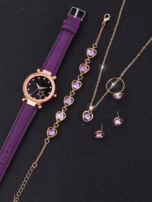 1pc Girls Purple Cartoon Star & Number Pattern Wristwatch And 5pcs Heart Rhinestone Decor Jewelry Set Gift - Purple - View 5