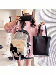 Pilotbird Student Backpack Large Capacity Color Block Multi-Pocket Casual Backpack - Black - View 5