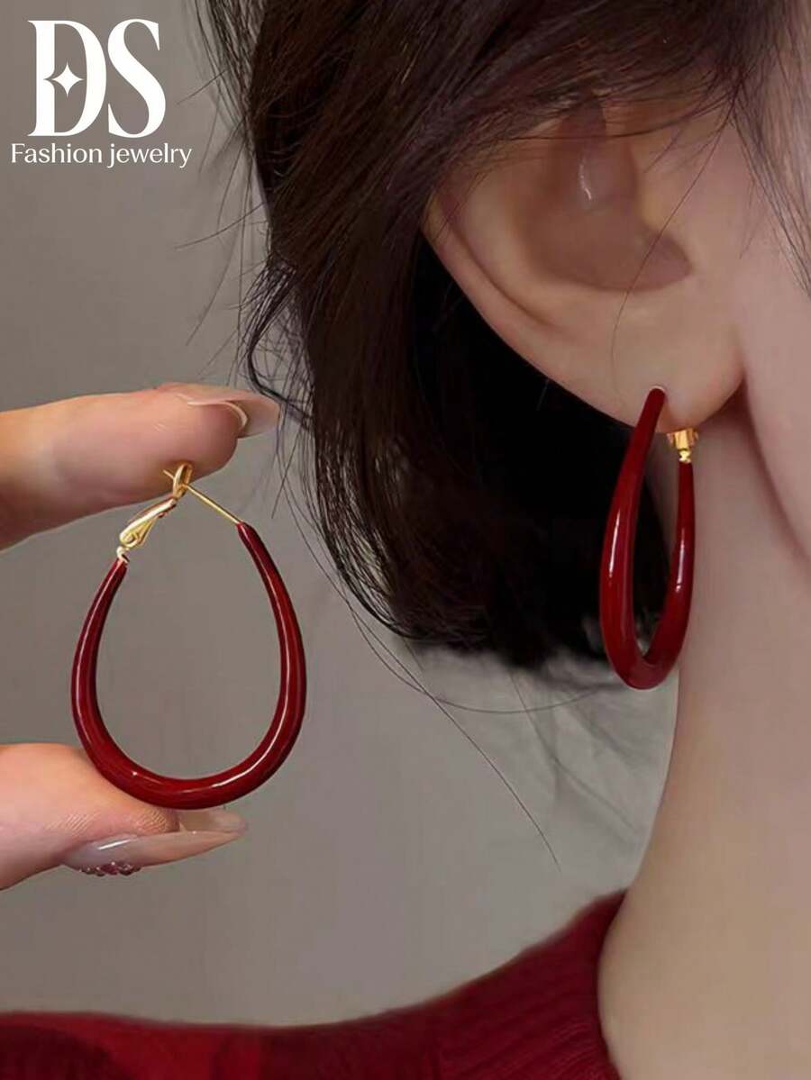 1對水滴形紅色滴釉素面大圓環耳環，粗管琺瑯滴釉大圓環耳環女款，Ins小眾高端時尚設計耳環