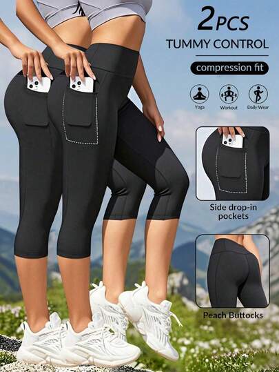 2 chiếc/gói Quần legging nữ mùa hè nâng mông đào, quần capri cạp cao có túi, quần gym định hình, quần thể thao co giãn thường ngày, quần capri yoga chống cellulite