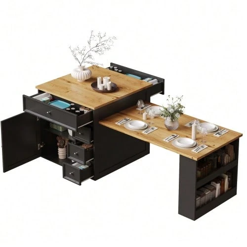 Extendable Kitchen Island (120-184 Cm) With Drawers And Casters, Mobile Island With Wood-Effect Top, Versatile Countertop For Kitchen, Dining Room And Bar, White - 黑色 - 查看 1