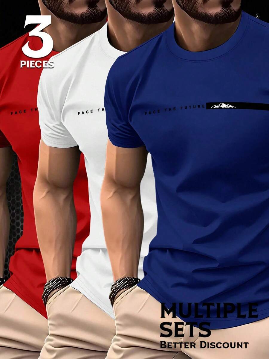 NEOREFINED Men's Slim Fit Casual Short Sleeve T-Shirt Set, Minimalist And Versatile Crew Neck T-Shirt Set - Merah - View 1