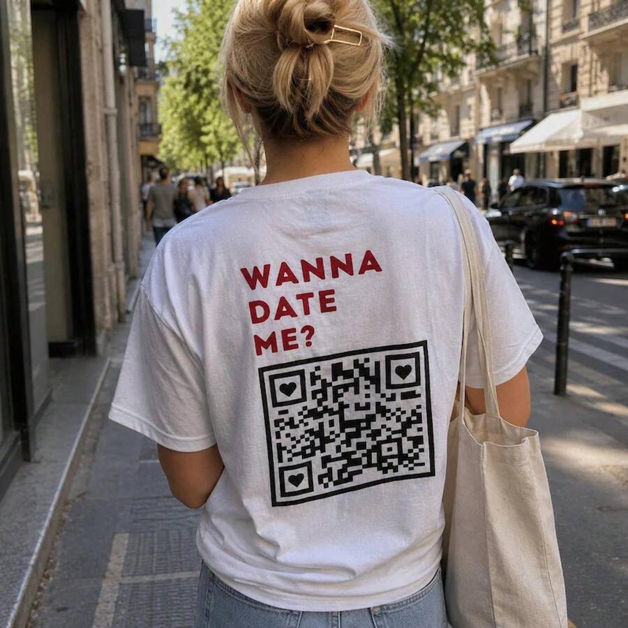 Camiseta con estampado extragrande, camiseta vintage retro, camiseta del  2026, camiseta de estética Y2K, camiseta de algodón con código QR personalizado – ¿quieres salir conmigo / cásate conmigo - 1 - Ver 1