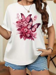 Camiseta de Manga Corta con Estampado Floral de Mariposas para Mujer Talla Grande - Top Casual Transpirable y Cómodo para Primavera y Verano - Blanco - Ver 1