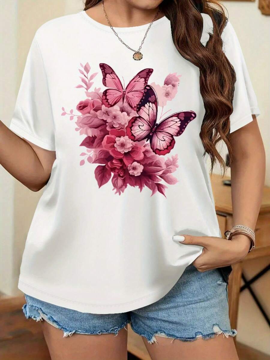 Camiseta de Manga Corta con Estampado Floral de Mariposas para Mujer Talla Grande - Top Casual Transpirable y Cómodo para Primavera y Verano - Blanco - Ver 1