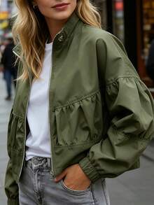 Women's Short Jacket, Full Zip Woven Fabric Long Sleeve Flight Jacket, Suitable For Autumn Wear - Green - View 2
