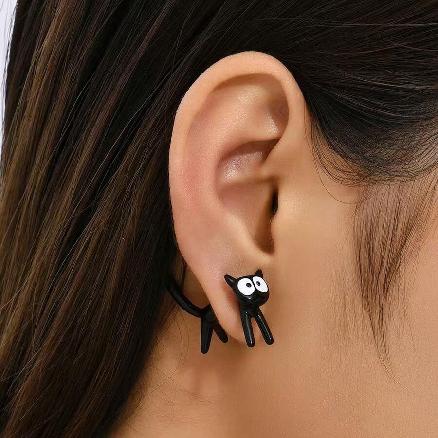 Sweet Cute Kitten Animal Minimalist Stud Earrings Creative Detachable Ear Jewelry - Black - View 1