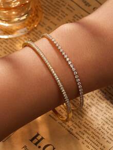 rakol 2 buah Gelang Emas Elegan Sederhana Bertatahkan Zirkonia & Set Gelang Tennis - emas - View 2