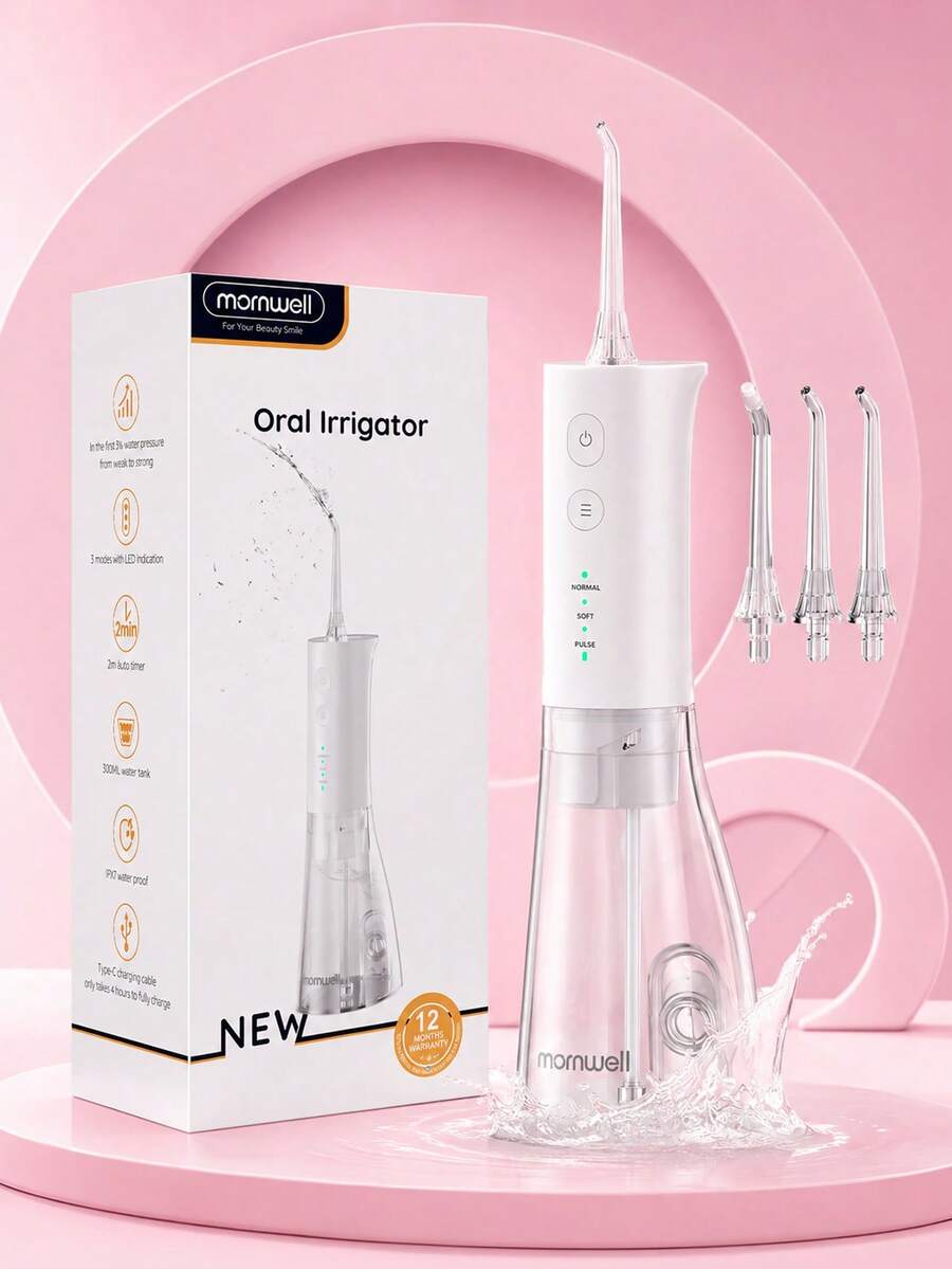 Mornwell 1Set F29 Portable Cordless Water Flosser For Teeth, 300ml USB Rechargeable Travel Teeth Cleaner, 3 Modes, IPX7 Waterproof With 3 Jet Tips For Daily Oral Care