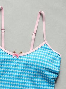 2 Pieces Bikini Set, Blue & White Plaid Halter Top, Elegant Casual, Suitable For Summer Beach Vacation Party - Multicolor - View 4